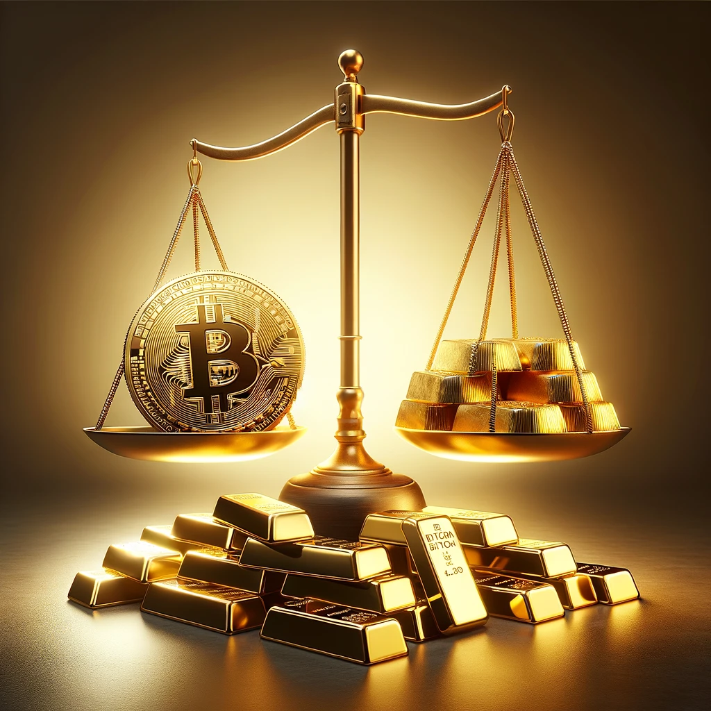 DALL·E-2024-02-22-16.05.47-A-symbolic-representation-of-Bitcoin-versus-gold.-On-one-side-of-the-image-depict-a-shiny-golden-Bitcoin-coin-its-surface-reflecting-light-with-th